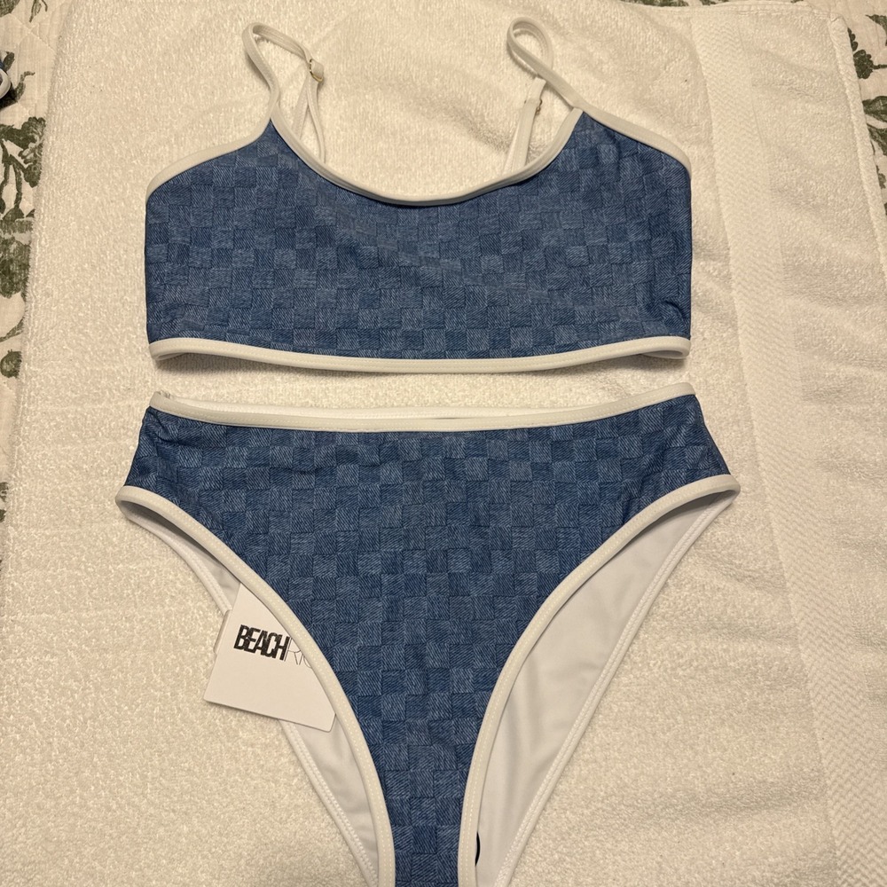Beach Riot  Size L Blue Denim Daze 2 Piece Swimsuit Estelle Top & Hester Bottom